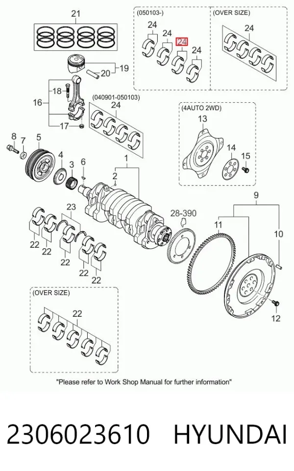 Panewki korbowodowe wału korbowego, zestaw, standardowe (STD) 2306023610 Hyundai/Kia