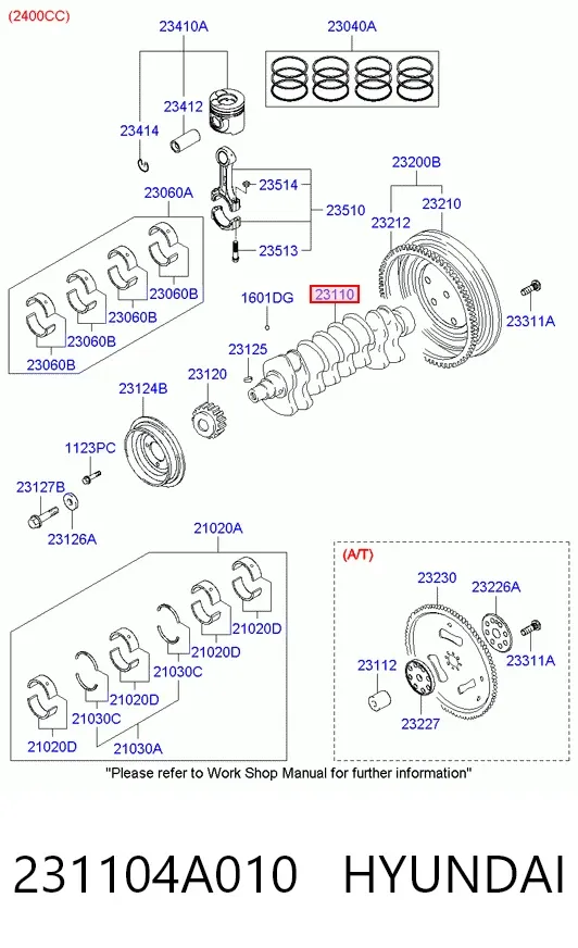 Wał korbowy silnika 231104A010 Hyundai/Kia