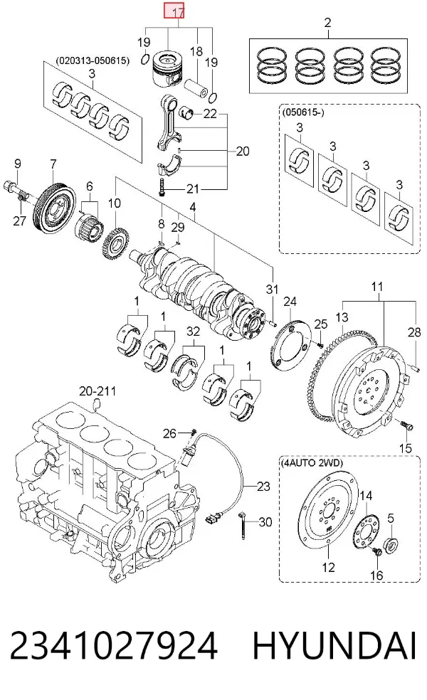 Tłok, komplet na 1 cylinder, 2. naprawa (+0,50) 2341027924 Hyundai/Kia