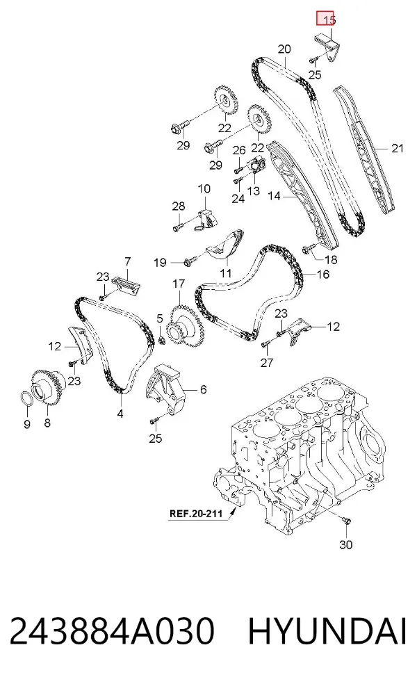 Tłumik drgań łańcucha rozrządu górny (głowica cylindrów) 243884A030 Hyundai/Kia