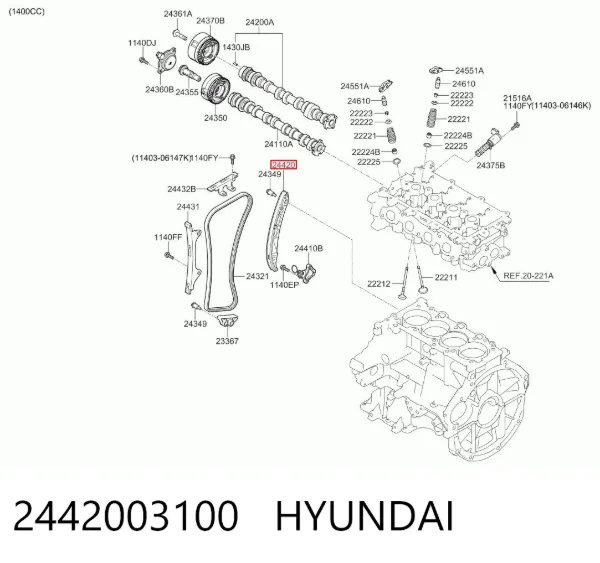 Prowadnica napinacza łańcucha rozrządu 2442003100 Hyundai/Kia