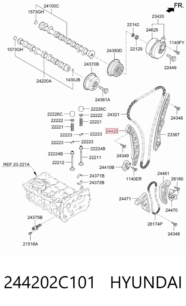 Prowadnica napinacza łańcucha rozrządu 244202C101 Hyundai/Kia
