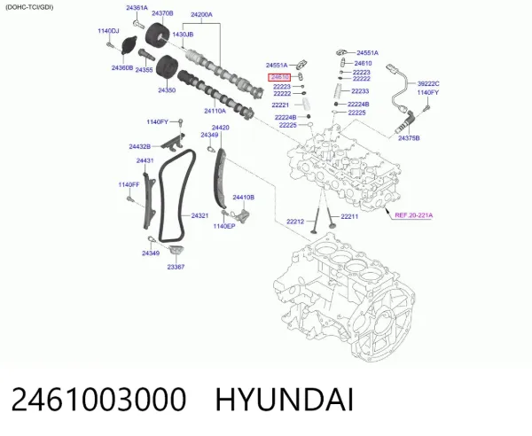 Kompensator hydrauliczny (popychacz hydrauliczny), popychacz zaworu 2461003000 Hyundai/Kia