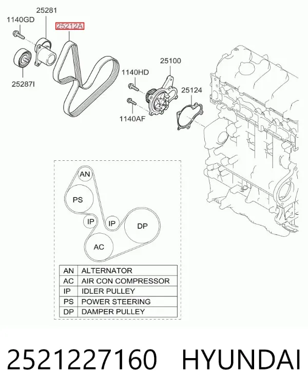 Pas napędowy mechanizmów 2521227160 Hyundai/Kia