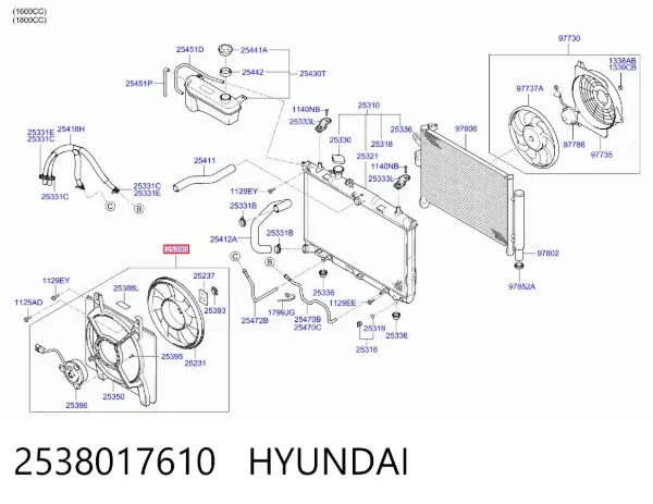 Dyfuzor chłodnicy, w komplecie z silnikiem i wirnikiem 2538017610 Hyundai/Kia