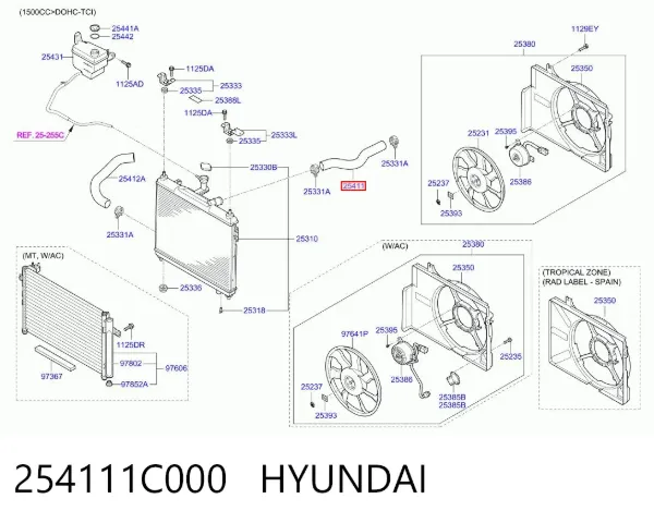 Przewód (króciec) chłodnicy górny 254111C000 Hyundai/Kia