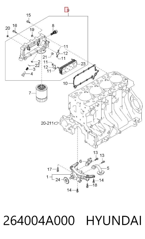Chłodnica oleju, pod filtrem 264004A000 Hyundai/Kia