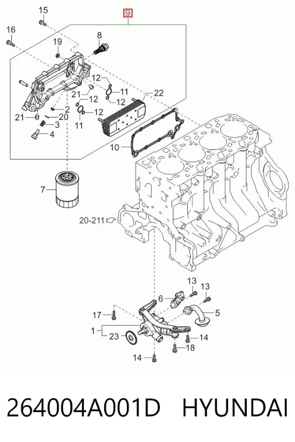 Chłodnica oleju, pod filtrem 264004A001D Hyundai/Kia