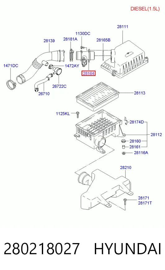 Czujnik przepływu powietrza, przepływomierz powietrza M.A.F. 280218027 Hyundai/Kia