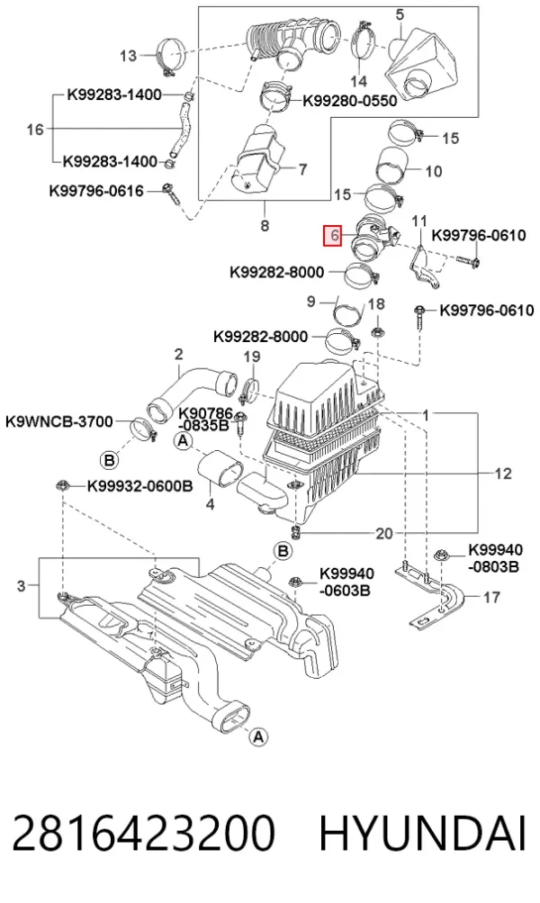 Czujnik przepływu powietrza, przepływomierz powietrza M.A.F. 2816423200 Hyundai/Kia