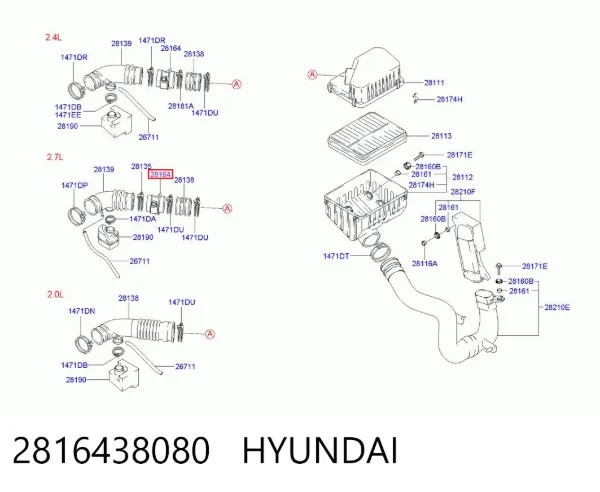 Czujnik przepływu powietrza, przepływomierz powietrza M.A.F. 2816438080 Hyundai/Kia