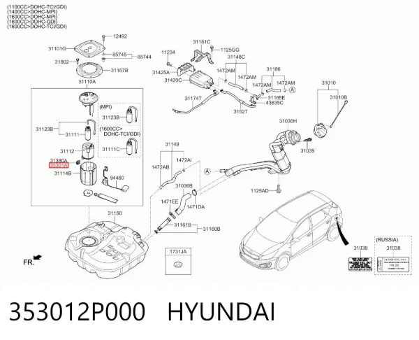 Regulator ciśnienia paliwa modułu pompy paliwa w zbiorniku 353012P000 Hyundai/Kia