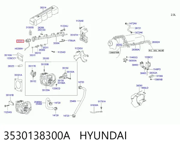 Regulator ciśnienia paliwa w listwie paliwowej 3530138300A Hyundai/Kia