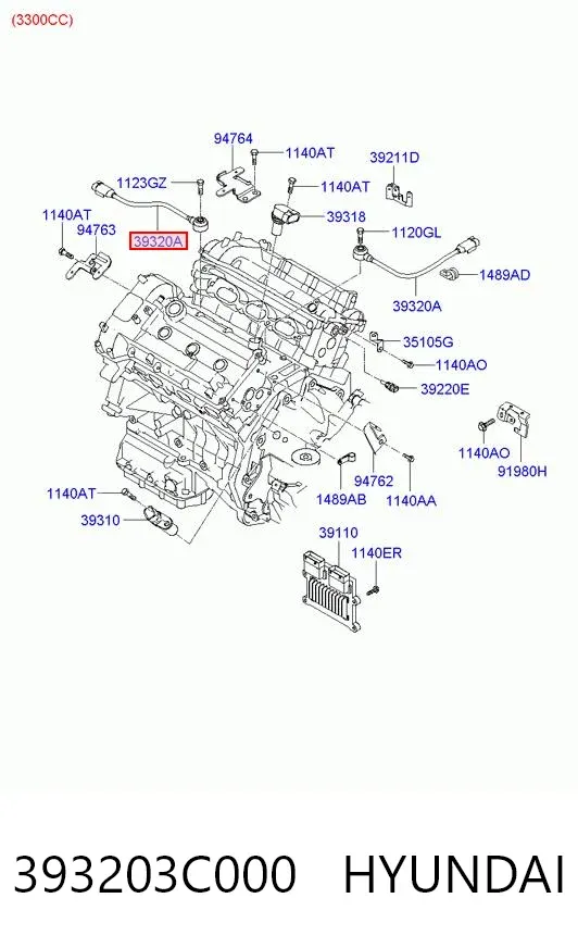 Czujnik stukowy (czujnik spalania stukowego) 393203C000 Hyundai/Kia