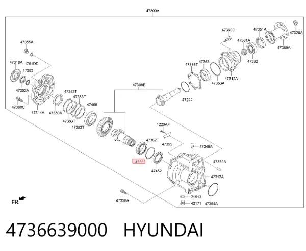 Łożysko przednie skrzyni rozdzielczej, wału wyjściowego 4736639000 Hyundai/Kia