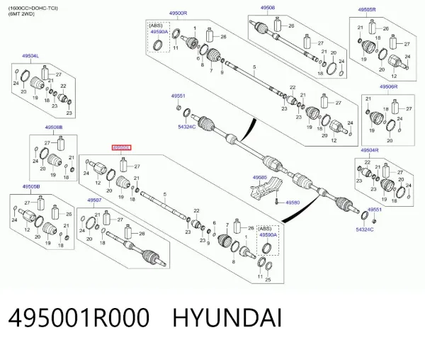 Półoś napędowa przednia lewa 495001R000 Hyundai/Kia