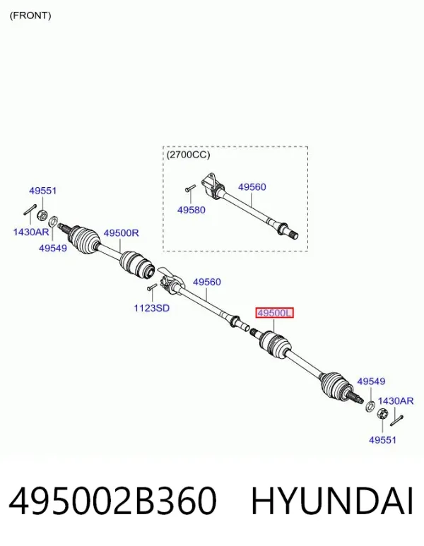 Półoś napędowa przednia lewa 495002B360 Hyundai/Kia