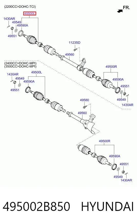 Półoś napędowa przednia lewa 495002B850 Hyundai/Kia
