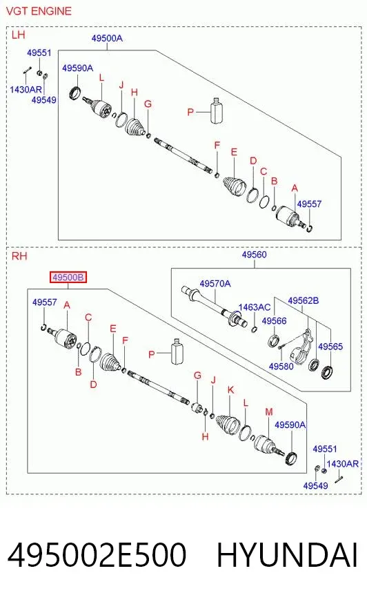 Półoś napędowa przednia prawa 495002E500 Hyundai/Kia