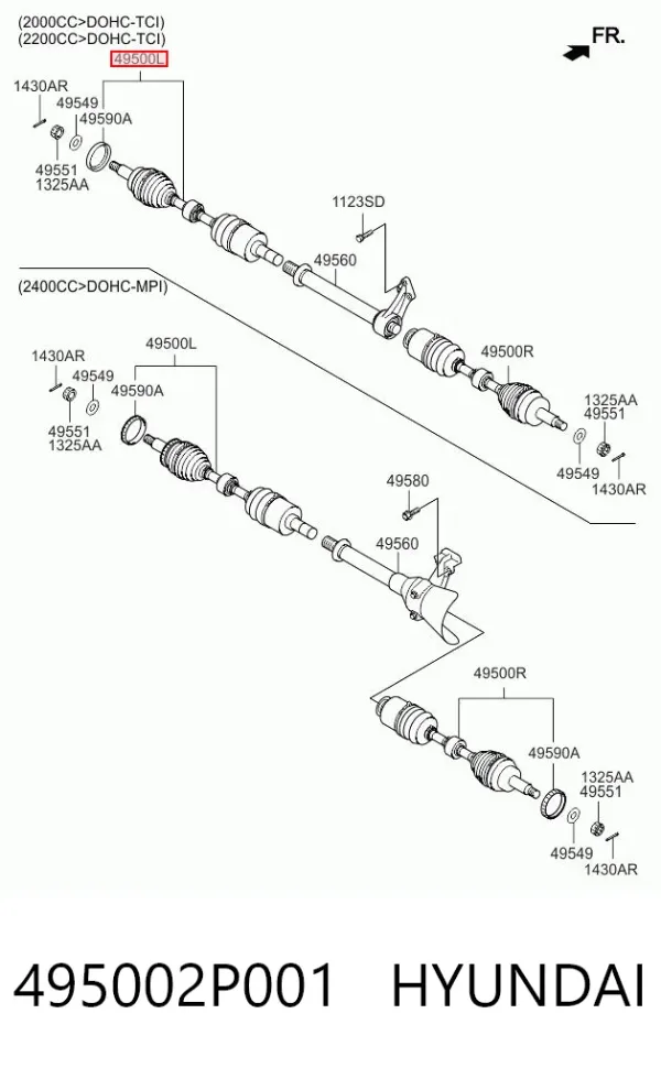 Półoś napędowa przednia lewa 495002P001 Hyundai/Kia