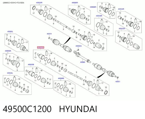 Półoś napędowa przednia lewa 49500C1200 Hyundai/Kia