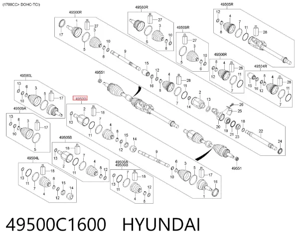 Półoś napędowa przednia lewa 49500C1600 Hyundai/Kia