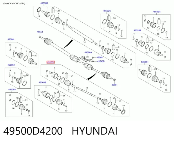 Półoś napędowa przednia lewa 49500D4200 Hyundai/Kia
