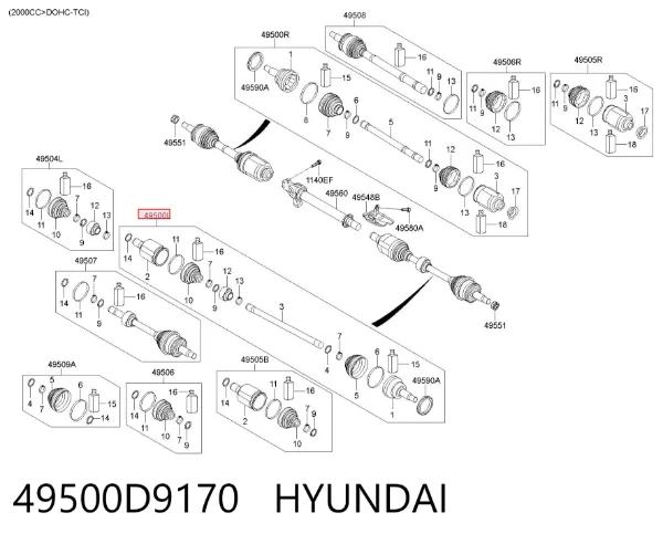 Półoś napędowa przednia lewa 49500D9170 Hyundai/Kia