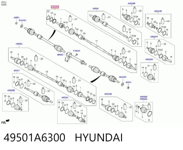 Półoś napędowa przednia prawa 49501A6300 Hyundai/Kia