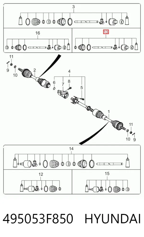 Przegub homokinetyczny wewnętrzny przedni prawy 495053F850 Hyundai/Kia