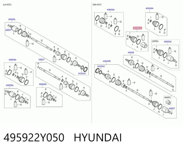 Przegub homokinetyczny wewnętrzny przedni prawy 495922Y050 Hyundai/Kia