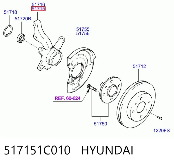 Czop (zwrotnica) przedni lewy 517151C010 Hyundai/Kia