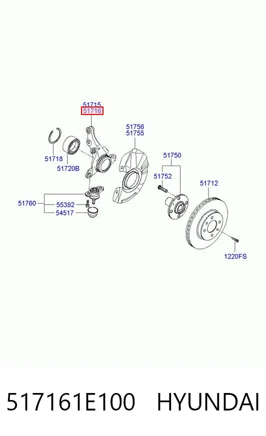 Czop (zwrotnica) przedni prawy 517161E100 Hyundai/Kia