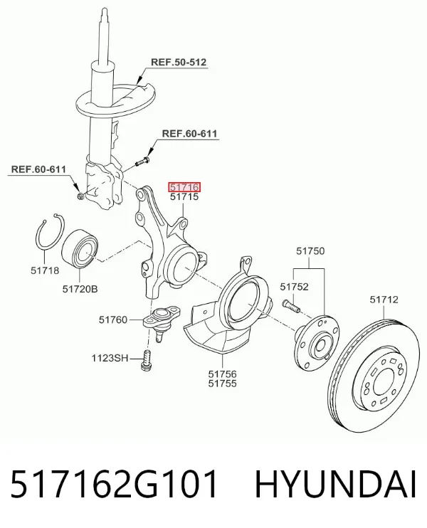 Czop (zwrotnica) przedni prawy 517162G101 Hyundai/Kia