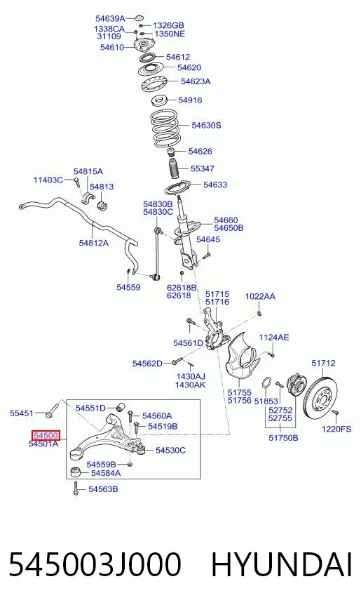 Wahacz zawieszenia przedniego dolny lewy 545003J000 Hyundai/Kia