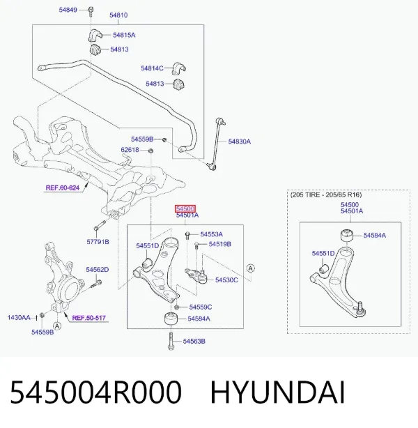 Wahacz zawieszenia przedniego dolny prawy 545004R000 Hyundai/Kia