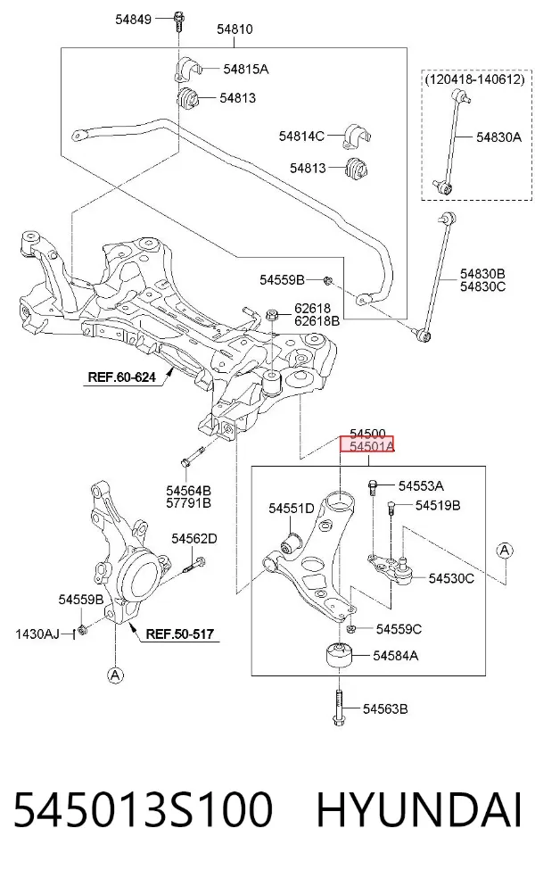 Wahacz zawieszenia przedniego dolny prawy 545013S100 Hyundai/Kia