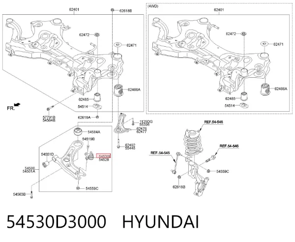 Sworzeń wahacza dolny lewy 54530D3000 Hyundai/Kia