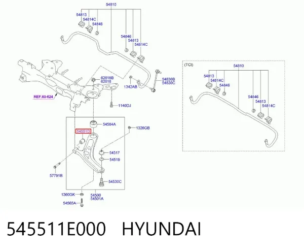 Silentblock przedniego wahacza dolnego 545511E000 Hyundai/Kia