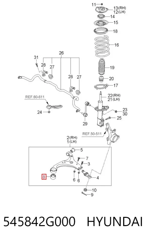 Silentblock przedniego wahacza dolnego 545842G000 Hyundai/Kia