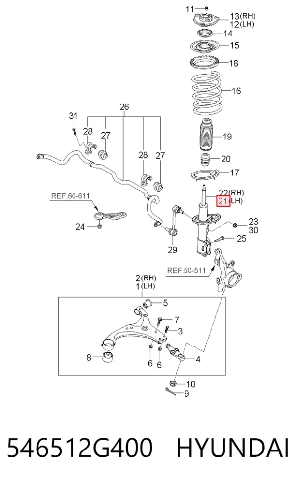 Amortyzator przedni lewy 546512G400 Hyundai/Kia