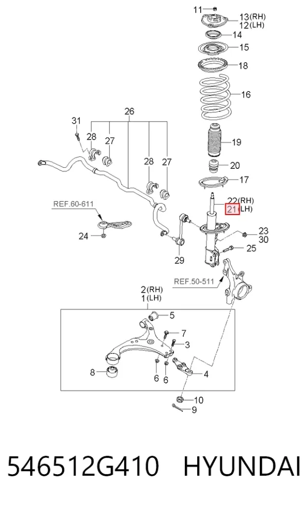 Amortyzator przedni lewy 546512G410 Hyundai/Kia