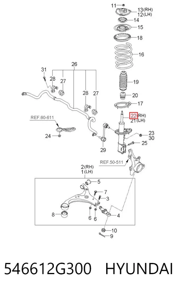 Amortyzator przedni prawy 546612G300 Hyundai/Kia