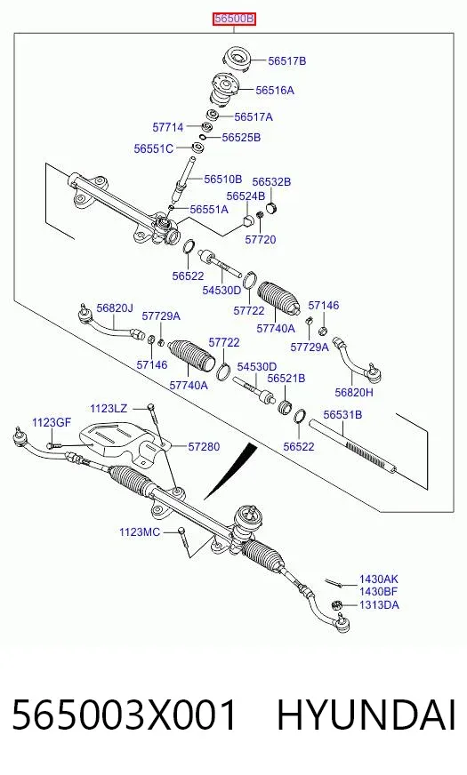 Listwa kierownicza (maglownica) 565003X001 Hyundai/Kia