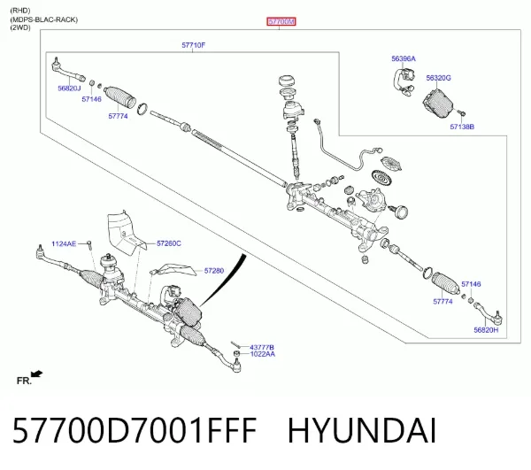 Listwa kierownicza (maglownica) 57700D7001FFF Hyundai/Kia