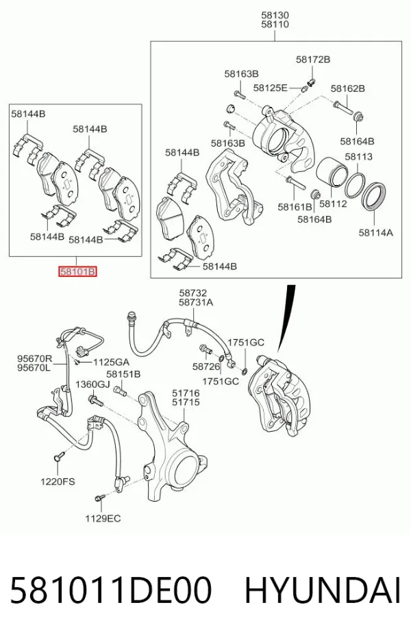 Klocki hamulcowe przednie tarczowe 581011DE00 Hyundai/Kia