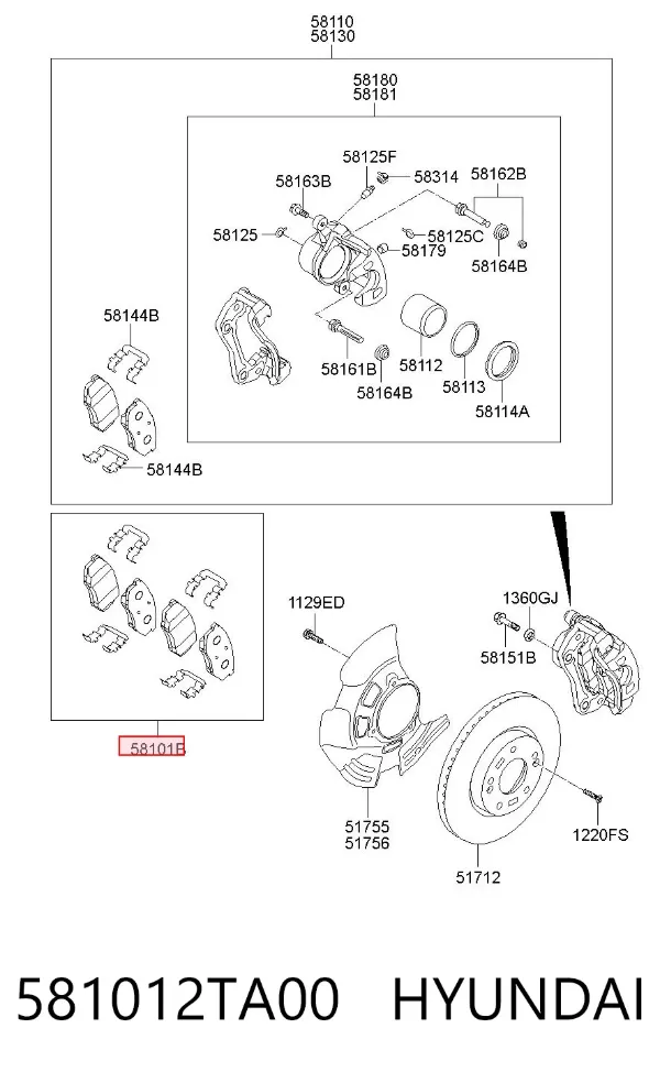 Klocki hamulcowe przednie tarczowe 581012TA00 Hyundai/Kia