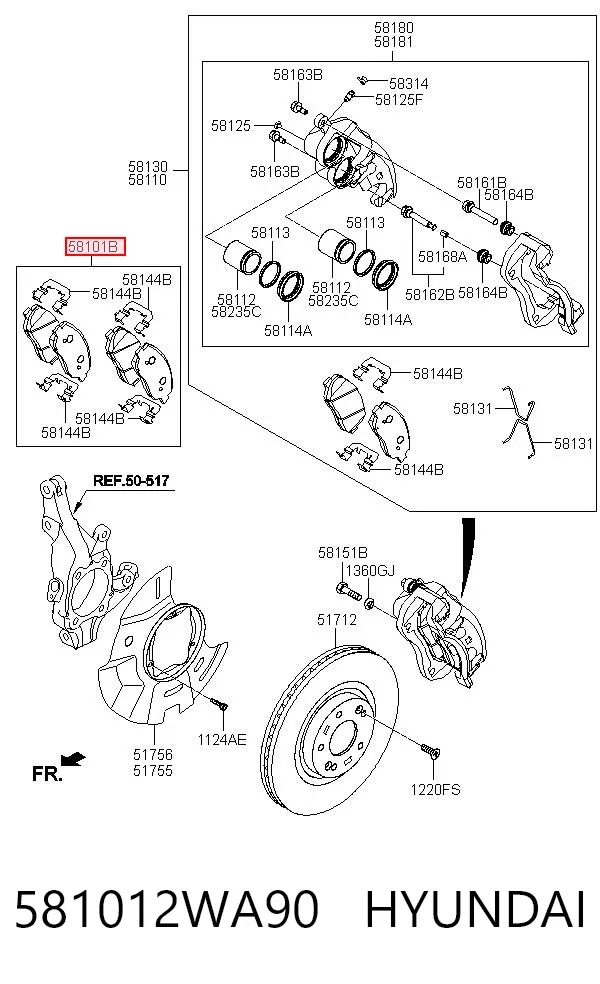 Klocki hamulcowe przednie tarczowe 581012WA90 Hyundai/Kia