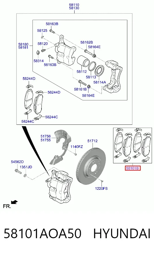 Klocki hamulcowe przednie tarczowe 58101AOA50 Hyundai/Kia