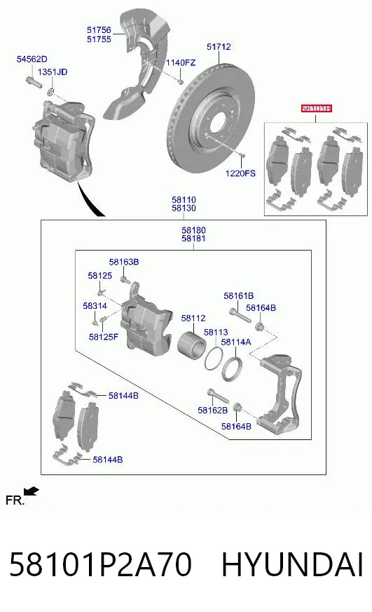 Klocki hamulcowe przednie tarczowe 58101P2A70 Hyundai/Kia